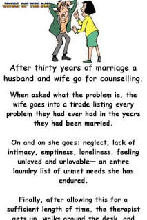 After thirty years of marriage a husband and wife go for counseling.