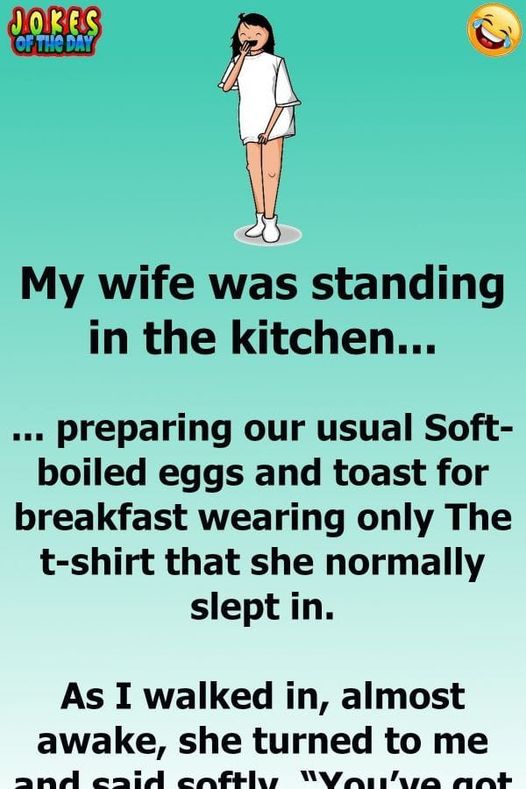 My wife was standing in the kitchen, preparing our usual Soft-boiled eggs and toast for breakfast, wearing only the t-shirt that she normally slept in