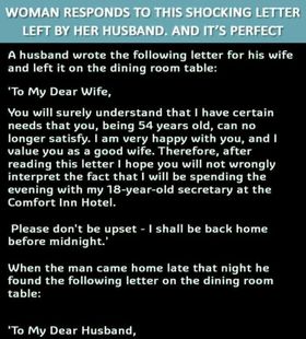 A husband wrote the following letter for his wife and left it on the dining room table