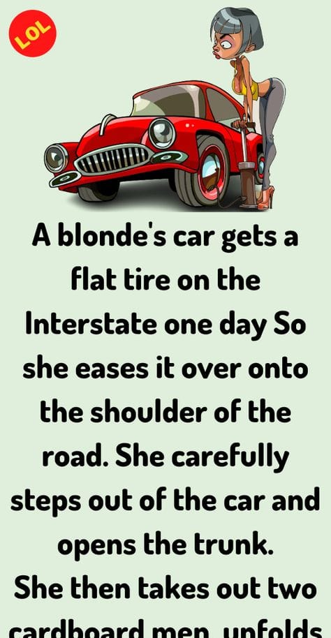 A blonde car gets a flat tire